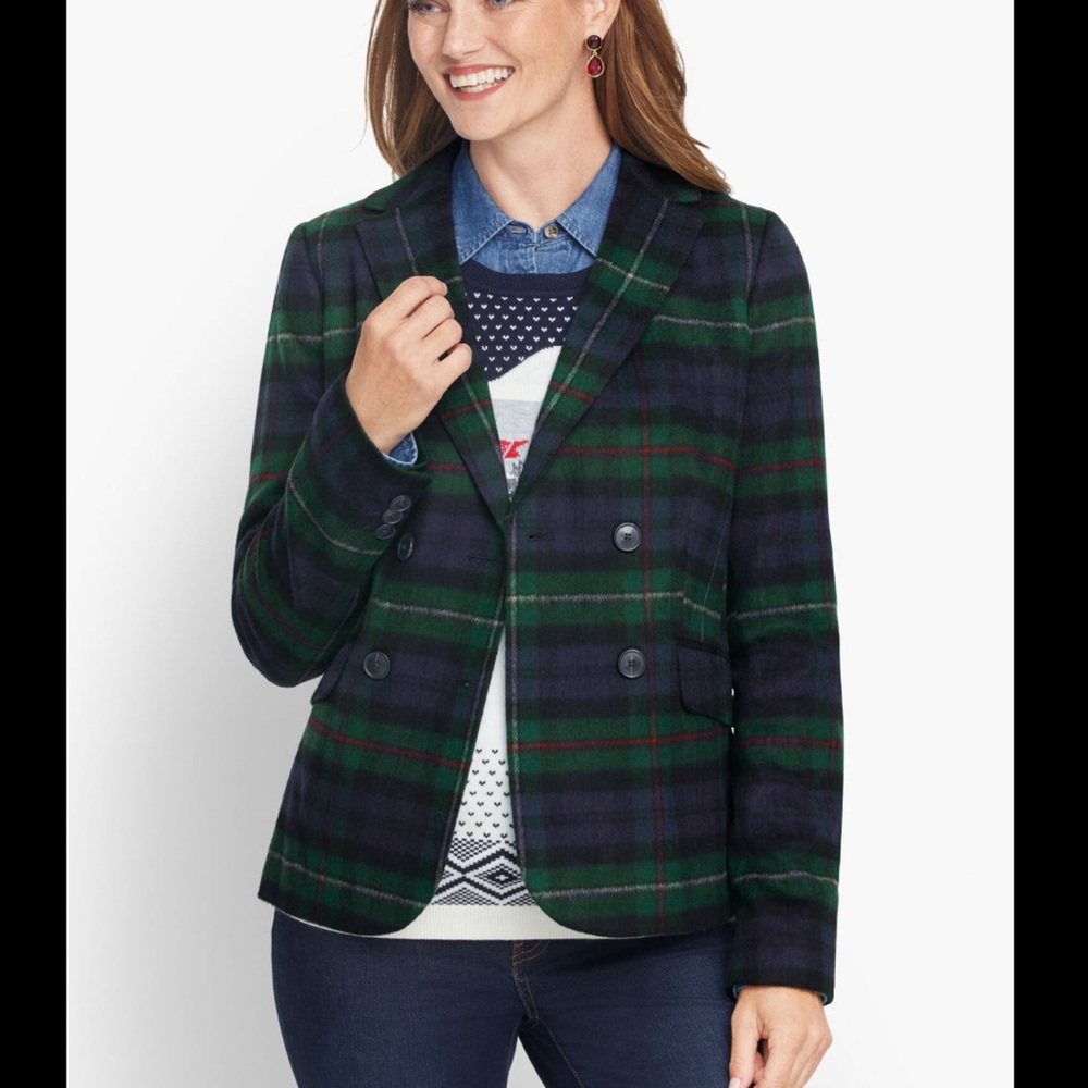 Talbots Womens Jacket Size 4P Tartan Plaid Wool Blend Double Breasted Peacoat